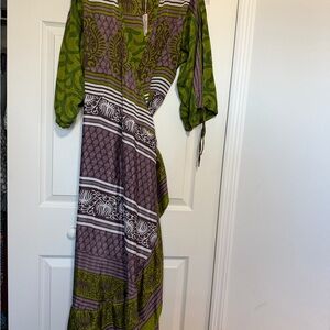 Elegant Long Sleeve Dress in Green and Purple